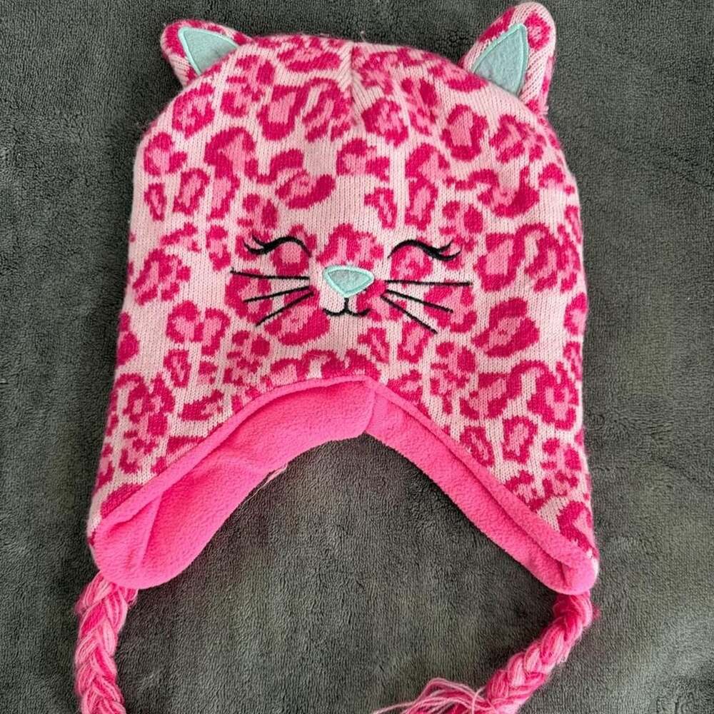 Pugs Girls Pink Leopard Print Cat Ear Beanie Hat with Braids